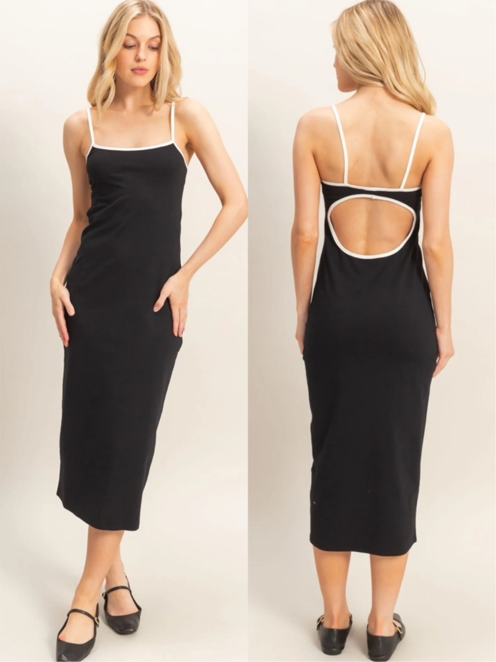 NEW HYFVE Black Bodycon Midi Dress Open Back Spaghetti Strap Stretch